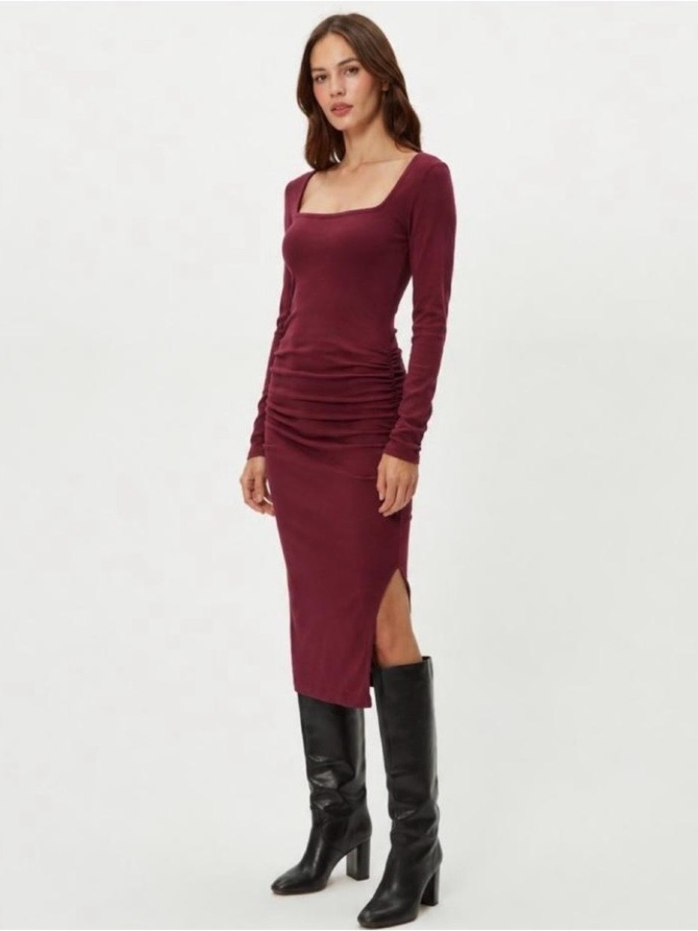 Michael Stars Square-Neck Long-Sleeve Ribbed Dress Side Slit Ruched burgundy